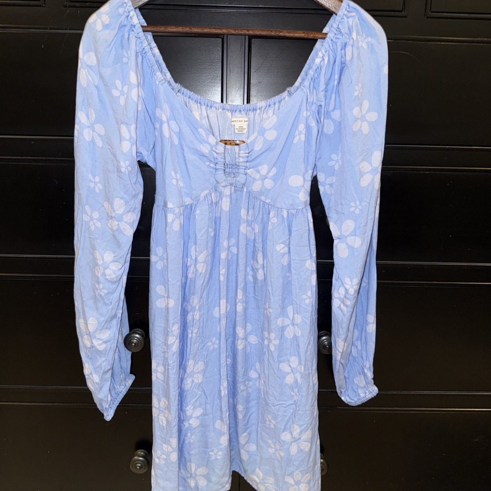 American Eagle Size Small Blue Floral Long Sleeve Babydoll Mini Dress Tortoise - Picture 2 of 5